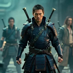 movie still frame, ken watanabe as cyberpunk samurai, weapons strapped on shoulders, epic pose, badass,, beautiful composition, 8 k, cgi, by ridley scott, zack snyder and michael bay