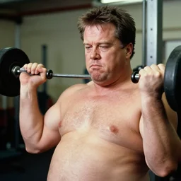 close up mid shot!! real photograph, very obese matt damon pumping iron, documentary still photograph, vintage