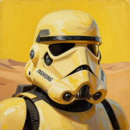 Storm Trooper helmet concept art by Pascal Blanché oil on canvas, saturated yellow, desert cinematic lighting