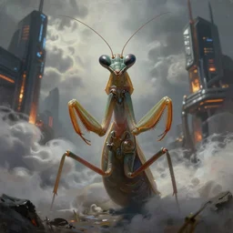 ultra realist and ultra intricate detailed soft painting of a sci fi praying mantis from the waist up, sci-fi helmet, symmetry features, sensual gloomy style, volumetric clouds, cyberpunk burning building background, artstation, unreal render, depth of field