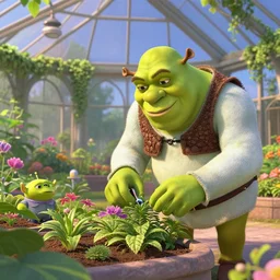 DSLR photograph of Shrek tending to a beautiful greenhouse garden on a space station, Pixar dream works render,