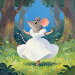 a painting of a princess mouse dancing in the forest with blue sky by yoshida hiroshi