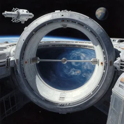 intergalactic stargate portal in a space station with a view of a planet in the background by franz marc