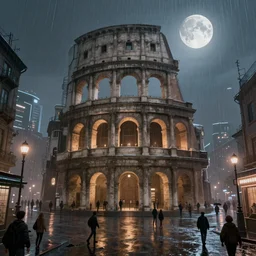 rome style, small building, city, street, science fiction, cyberpunk, rain day, wide angle, full of people, moon, a lot of lights, cinematic lighting, high detail, digital painting, concept art, illustration, smooth, sharp focus, trending on artstation, trending on deviantart, 4 k