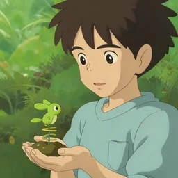guy with a tiny spring creature made by studio Ghibli, high detailed, 8k, smooth