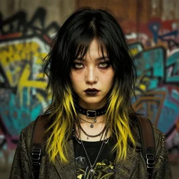 highly detailed portrait of a moody sewerpunk young adult lady with a harris tweed holdy by atey ghailan, by greg rutkowski, by greg tocchini, by artgerm, by brian lee o'malley, by kaethe butcher, gradient yellow, black, brown and cyan color scheme, grunge aesthetic!!! ( ( graffiti tag city background ) )