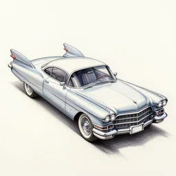 a color pencil product design drawing of a 5 0 s flying cadillac car with plane wings