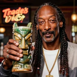 a closeup photorealistic photograph of snoop dogg at the trader vic's bar holding a tiki mug that has his face on the front. brightly lit scene. this 4 k hd image is trending on artstation, featured on behance, well - rendered, extra crisp, features intricate detail, epic composition and the style of unreal engine.