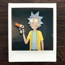 old polaroid of a realistic rick sanchez holding his portal gun