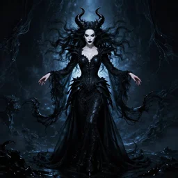 style of mikko lagerstedt, artgerm : : gorgeous willa holland : : evil witch, swirling black magic, black dress : : symmetrical face, symmetrical eyes : : full body pose : : gorgeous black hair : : magic lighting, low spacial lighting : :