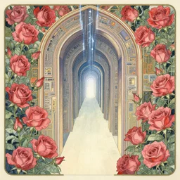 portal to another dimension, surrounded by ( ( roses ) ) and electric circuitry. art noveau watercolor by moebius and clamp.