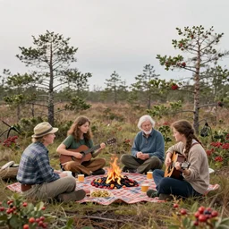 finnish people gathering berries in open swamp and listening to music intricate details, hyperrealistic oil painting on canvas, deep depth field, hd, hdr, 4 k, 8 k