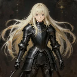 baroque oil painting japanese light novel illustration lotr anime key visual full body action shot | young girl black military crusader armour with long flowing platinum blonde hair | symmetrical perfect face fine detail delicate features quiet gaze | gapmoe kuudere moody lighting bokeh | trending pixiv fanbox | by greg rutkowski makoto shinkai takashi takeuchi studio ghibli