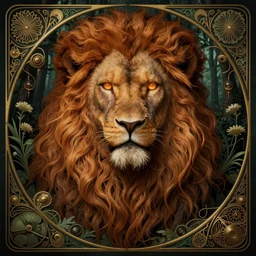 portrait of demigod hercules, long wavy auburn hair, lion mane, glowing eyes, volumetric lights, forest, art nouveau botanicals, gothic, intricate, highly detailed, digital painting, artstation, concept art, smooth, sharp focus, symmetric face, illustration, steampunk, art by artgerm and greg rutkowski and alphonse mucha
