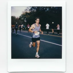 dark old polaroid of a sad man running a marathon