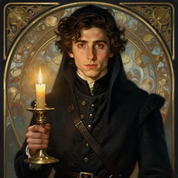 a mind - blowing portrait of timothee chalamet, holding a candle holder, wearing dark maritime clothing, long night cap, deep focus, d & d, fantasy, intricate, elegant, highly detailed, digital painting, artstation, concept art, matte, sharp, illustration, hearthstone, art by artgerm and greg rutkowski and alphonse mucha