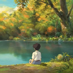 a person sitting by a lake, seen from the back, in an enchanted forest, by makoto shinkai, myazaki hayao, warm colors