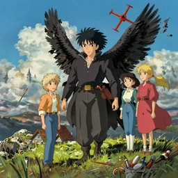 howl's moving castle in the style of greg rutkowski, wlop, lisa frank and bob ross, beautiful composition, bright colors, anime