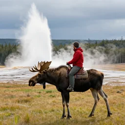 hiker riding moose in yellowstone with geyser in background
