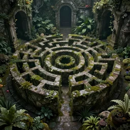 a secret magical maze at the bottom of a forgotten garden, ultra detailed, cinematic shot, photorealistic, octane render, high definition, fine details, sinister mood, 8 k, mcbess tones,
