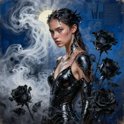 3 d, swirling white and black smoke, mist, sun rays, fierce fashion model, sweat skin, liquid black metal, black roses, poster art, high detail, intricate oil painting, deep blue mood, hyperrealism, 3 d, by tooth wu and wlop and beeple and greg rutkowski
