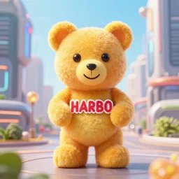 portrait of haribo bear in future city, color and shape focus, cnetral composition, natural light, bloom, puff