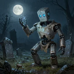 a broken robot in dirty torn rags conjures magic, a hand comes out of the know, night, rain, moonlight, cemetery, highly detailed, digital painting, artstation, sharp focus, illustration,
