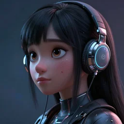 a cute beautiful girl deep dark technoir portrait cinematic photo using earphones in detailed Pixar squareenix mcu style 3d unreal trending on artstation deviantart realistic hd by frank Miller sorayama giger