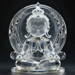 ultra clear sculpture of beautiful cute robot god meditation position cybernetics, low contrast,, hyper realistic detailed render, hypermaximalist, ornate, epic composition, 4 k 8 k, cryengine octane blender, sharp focus, concept art, masterpiece of art by sandra chevrier ron english