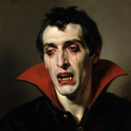 A masterpiece head and shoulders portrait of a vampire with fangs crying tears of red blood by William Adolphe Bouguereau