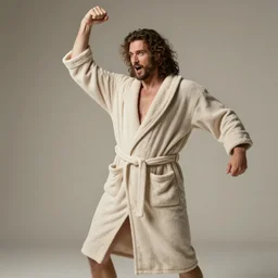richard iv the roman king, excited real human wearing beige bathrobe, soft studio lighting, sigma lens photo, he is dancing and has pregnancy belly