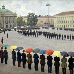 dagomey officials with flat colorful umbrellas watching parade in ahomey's huge main square, from above, 1905, highly detailed, oil on canvas, by ilya repin