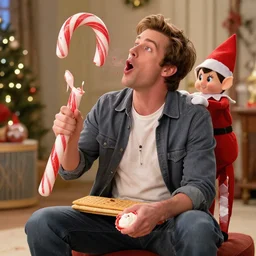 phil dumphy from modern family sat on a cracker holding a large candy cane spitting on an elf