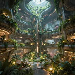 a futuristic building with a lot of plants and lights, atrium, solarpunk, concept art by mandy jurgens, cgsociety, fantasy art, concept art, artstation hq, reimagined by industrial light and magic