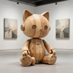 8k octan render photorealistic detailed unreal engine a wooden sculpture art toys on feet very cute robot with cat ears zen méditation a contemporary art gallery art