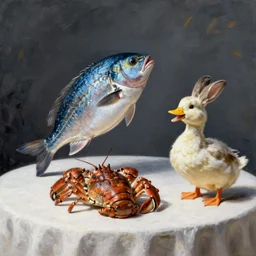still life painting of a blue fat fish crab lobster dancing on a white table, a laughing duck rabbit on a white table, high contrast lighting, impressionism, real fur, real feather