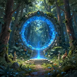 Fantasy Magical fairy-tale glowing blue stone portal in the forest. Round stone portal teleport in trees to other worlds. Fantastic landscape. Magic Altar in the fores, highly detailed, digital painting, artstation, concept art, smooth, sharp focus, illustration, art by artgerm and greg rutkowski and alphonse mucha
