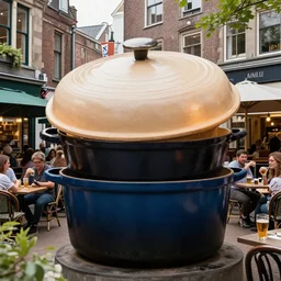 a huge dutch oven in the city with people drinking outside it in a beer garden