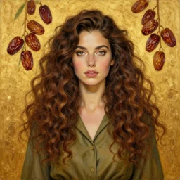 epic painting of highly detailed long curly brown haired female in olive blouse on golden glowing background with dried dates in style of amy leibowitz, wlop, jeremy lipkin, beeple