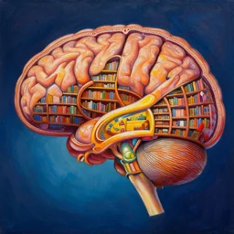 beautiful vibrant painting of huge library inside human brain, cross-section of human brain with library inside trending on Artstation by James Gurney, high quality
