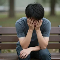 sad boy sitting on the bench and crying.