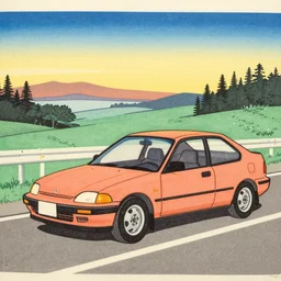 japanese woodblock landscape print of a 1 9 8 0 honda civic