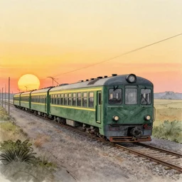 an empty train, sunset, nostalgic, drawing by moebius