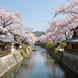3D picture of a traditional Japan town with cherry blossoms in full bloom on both sides of the river.