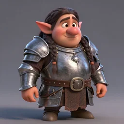 fantasy dwarf woman with iron plate armor with long braids | stylised | short and stocky broad body| big nose | art style of disney pixar movie | HD 8k | rendered by octane