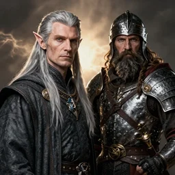 a portrait of an elven wizard next to a dwarf paladin, realistic faces, grimdark extremely detailed fantasy art by Gerald Brom, octane render