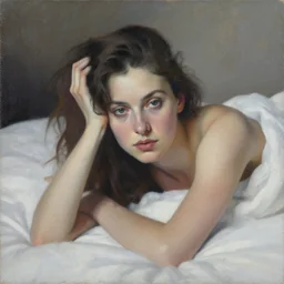 portrait painting of a woman in an artistic pose at bed by jeremy mann, only one head single portrait