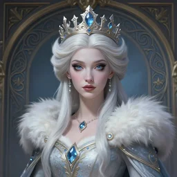 portrait of a snow queen, deep focus, intricate, elegant, regal, highly detailed, digital painting, artstation, concept art, matte, sharp focus, illustration, d & d, fantasy, hearthstone, art by artgerm and greg rutkowski and alphonse mucha