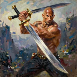 classical oil painting of anime environment concept art of dwayne johnson wielding a huge sword, fantasy, trending on artstation, stylistic, brush strokes, oil, canvas, by kawacy and makoto shinkai