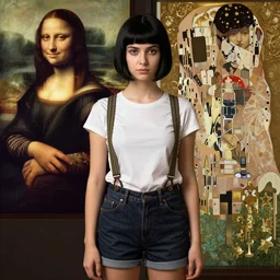 a girl with black hair pixie cut in shorts with suspenders drawn by leonardo da vinci, frank frazetta, peter paul rubens, alphonse mucha, gustav klimt 8k, 4k, unreal 5, DAZ, trending on artstation, octane render, hyperrealistic